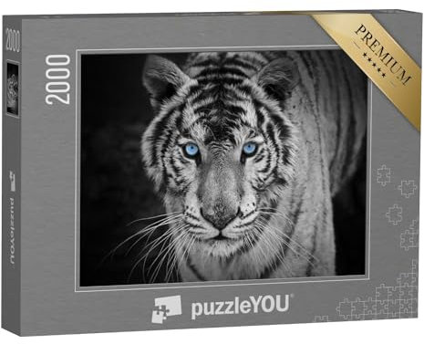 puzzleYOU: Puzzle 2000 Teile „Portrait eines weißen Tieres mit stechend blauen Augen“ – aus der Puzzle-Kollektion Tiger, Tiere in Savanne & Wüste
