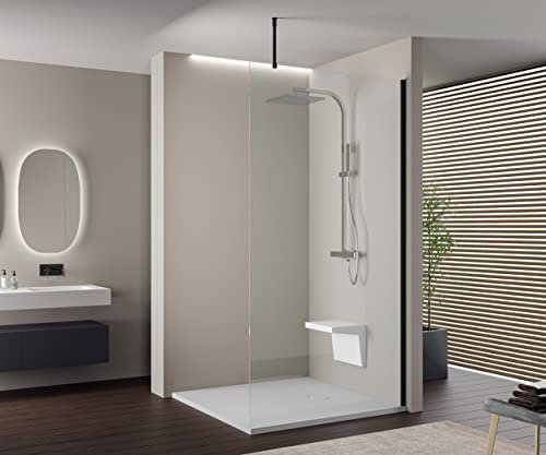 Duschabtrennung mit Nanobeschichtung, Walk-In EX103, Duschtrennwand 10 mm Super White Glas, Duschwand optional mit LED-Beleuchtung, 1100mm, Deckenbefestigung rund, Schwarz matt