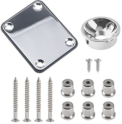 1Set Yootones 6.35mm Electrosocket Jack Plate & Guitar String Ferrules & Bass Guitar Metal Neck Plate Compatible with Tele Telecaster Bass Guitar (Silver)