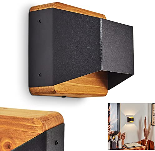 LED Wandleuchte Clarens, dimmbare Wandlampe aus Metall/Holz in Schwarz/Natur, eckige Leuchte mit Up&Down-Effekt, 3000 Kelvin, 400 Lumen, 1-flammig, 1 x LED 4,3 Watt, dimmbar über Lichtschalter