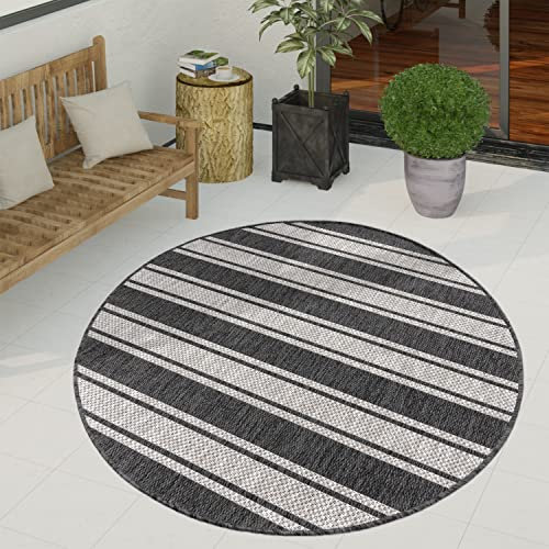 Paco Home Outdoor Teppich wetterfest & pflegeleicht Flachgewebe in Sisal-Optik mit Bordüre UV-beständig Modern für Balkon, Terrasse, Garten, Wohnzimmer, Grösse:160 cm Rund, Farbe:Grau
