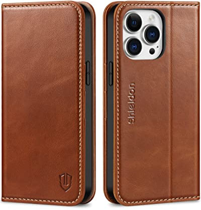 SHIELDON Wallet Case for iPhone 14 Pro Max, Genuine Leather Folio Case with [RFID Blocking][Card Slots][Kickstand][TPU Shockproof] Protective Case Compatible with iPhone 14 Pro Max 2022, Retro Brown