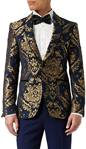 Men’s Jacquard Blazer Gold Brocade on Flocked Navy Velvet Tailored Fit Tux Jacket [BLZ-311-BLUE-46]