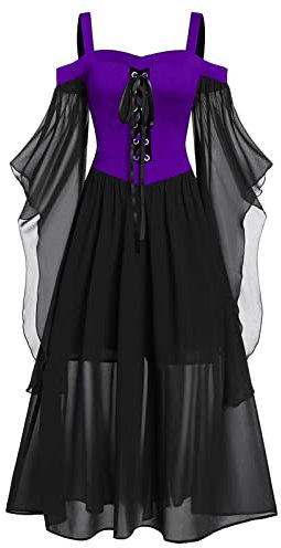 AMhomely Halloween Dress Medieval Costume Women Butterfly Sleeve Maxi Dress Cold Shoulder Steampunk Corset Dress for Women Gothic Clothes