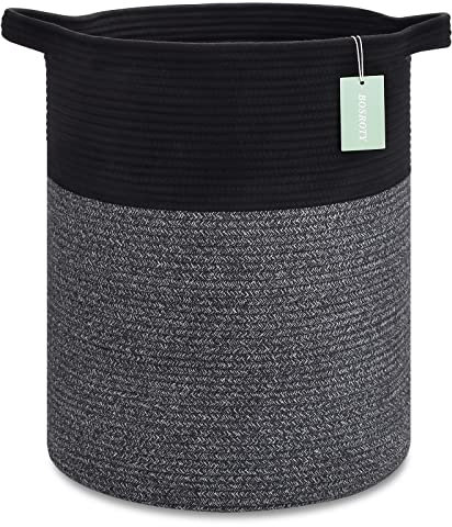 BOSROTY Large Laundry Hamper for Girls Boys Kids 72L, Nursery Hamper, Tall Laundry Basket, Cotton Rope Woven Blanket Basket for Storage Toys Clothes Towels, 40 x 55 CM, Black & Gray