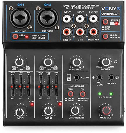 Vonyx VMM401 Mesa de mezclas de 4 canales con USB, interface de audio usb, 2 entrada de micrófono jack/XLR, 1 entrada RCA, salida máster con RCA, Bluetooth, phantom +48v, salida de auriculares, echo