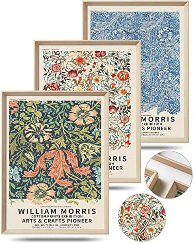 UPWOIGH Gerahmte Wandkunst, William Morris Holz-Leinwand-Wandkunst, 40.6x30.5 cm, Baumwollmuster, Vintage-Poster, Wanddekoration, ästhetisch für Wohnzimmer, neutrale Wanddekoration, 3er-Set