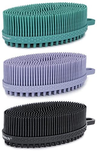 FREATECH 3 Stück Silikon Körperschrubber - Doppelseitige Badewanne Dusche Körperbürste für sanftes Peeling, Tiefenreinigung und intensive Massage, Pflege für Empfindliche Haut, Schwarz& Lavendel&Grün