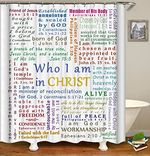 TJZ HOME Duschvorhänge, Bibelvers, Schrift, motivierendes und inspirierendes Zitat, buntes Design, Kunst, Badvorhang, 183 x 183 cm, Polyestergewebe für Badezimmer, Vorhang-Set mit 12 Haken (weiß)