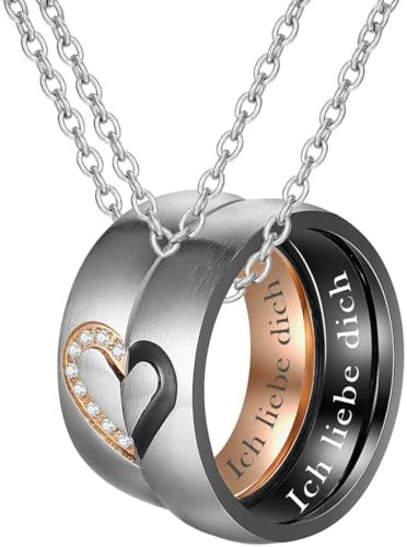 Partner Geschenke Partnerkette mit Pärchen Anhänger - Puzzle Herz Pärchen Kette mit Gravur Ich liebe dich , 5A Zirkonia, Breite 6MM, Rosegold Schwarz Weihnachtsgeschenke