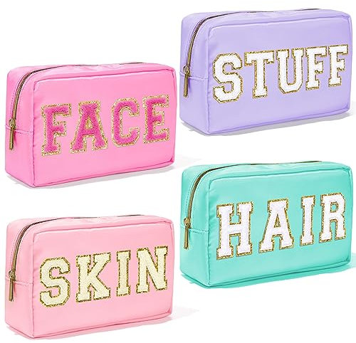 SOIDRAM Make-up-Tasche aus Nylon, mit Aufnähern, Chenille, Reise-Kulturbeutel, Organizer, wasserdicht, für Damen, 4 Stück, Für Haut, Gesicht, Haare, Für Haut, Gesicht, Haare