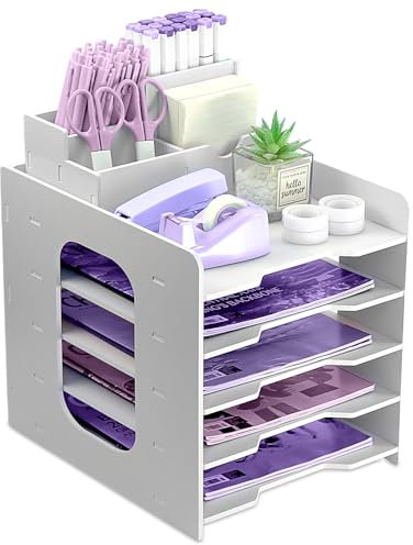 HMXLJJY Organizador de bandeja de cartas, bandejas de archivo de papel A4, bandeja de archivos de oficina de 5 niveles, organizador de archivos de escritorio con bandeja de archivo apilable