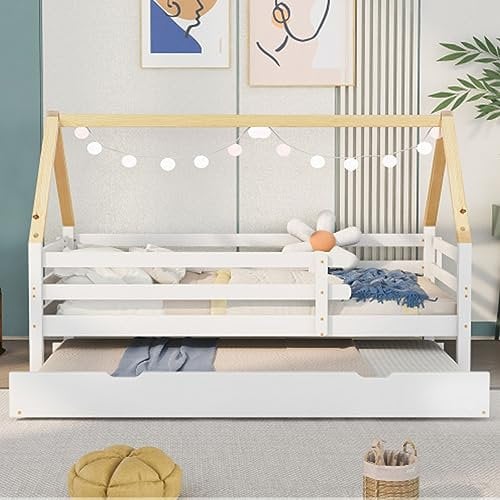 Schiebebett Mit Rollen Unten Baumhausbett Ausziehbett Kinderbett 90x200cm Hausbett Mit Lattenrost Jugendbett Bodenbett Massivholz Gästebett Für Kinder Weiß