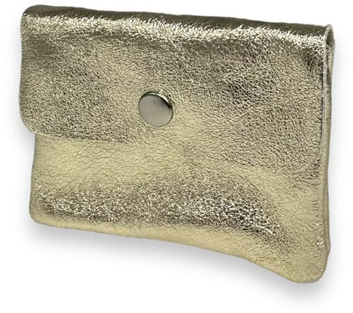 Portemonnaie Damen klein Leder mit Münzfach und Knopf Mini Geldbörse Brieftsche Geldbeutel Echtleder (Metallic-Gold)
