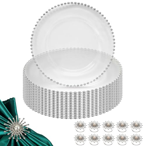 Trimming Shop Assiettes de présentation en verre transparent avec perles argentées de 33 cm avec anneaux de serviette en strass – Parfait pour mariage, dîner, événement, décoration de table et