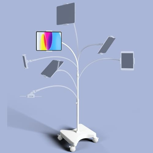 LEVO Adjustable Floor Stand on Wheels for Tablet and Phone, Gooseneck Stand with Stable Base, Compatible with All Mobile Phones and Tablets (4-13 Inch), White