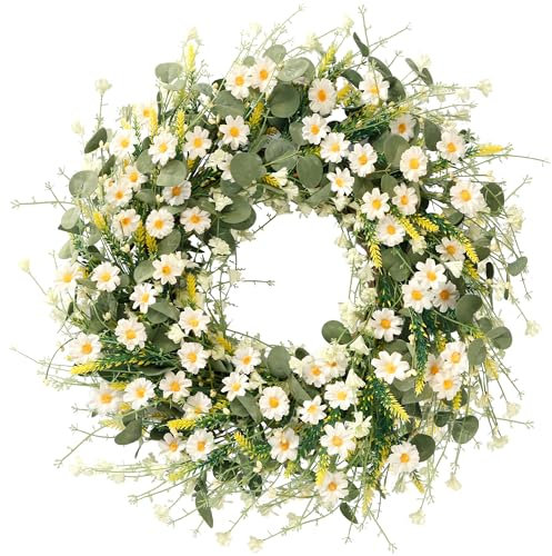 Sggvecsy White Daisy Wreath 24 Inch Spring Summer Wreath Fake Silk Floral Wreath with Green Eucalyptus Leaves and Lavender for Front Door Window Wall Wedding Farmhouse Festival Decor