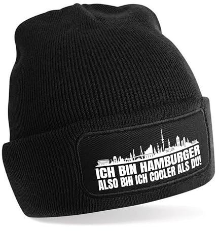 Beanie Strickmütze mit Spruch | Ich bin Hamburger also bin ich cooler als du! | schwarz | weiche und warme Fußball Mütze für Hamburg Fan | Skyline | SoftTouch Einheitsgröße für Erwachsene