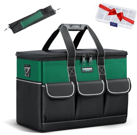 WINHUNT Tool Bag, 15-inch Wide Mouth Tool Organiser, 600 Denier with 6 Interior 8 Exterior Pockets Electricians Tool Bag for Home DIY & Equipment Storage, Green and Black (15 inch)