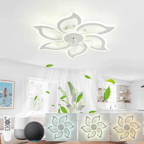 KeLuKes Ceiling Fan with Light Compatible with Alexa and Google Assistant, 88cm Fan Lights for Living Room Ceiling, Dimmable Mute Timer Reversible Flower Ceiling Fan for Bedroom, White