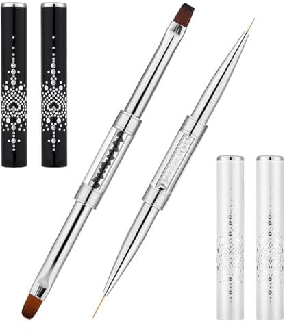 2pcs Hard Gel Nail Brush, Builder Gel Brushes for Design Nails, French Manicure Brush French Tip Nail Gel Liner Brush Dual-Ended Nail Design Brushes Rhinestone Handle Nail Brush Professional Nail Art