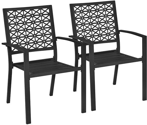 Yaheetech 2-er Set Metallstuhl Outdoor-Esszimmerstuhl bis 136 KG Belastbar Stapelbarer Gartensessel aus Metall 58 × 59,5 × 89 cm LxBxH Schwarz