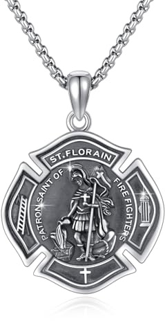 St. Florian Halskette für Feuerwehrleute 925 Sterling Silber St. Florian Anhänger Äxte Helm Feuerwehrschild Schutzmedaille Amulett St. Florian Schmuck Geschenk Männer Feuerwehrleute Frauen Sohn Vater