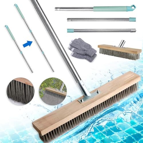 Escoba de Alambre con Mango,30cm Cepillo Alambre,para Eliminar de Musgo, Malas Hierbas y Manchas Difíciles Escoba Metal,Escoba de Exterior Ideal para Patios, Piscinas,Caminos Cepillo Barrendero