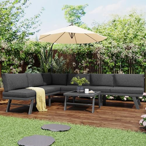 YESGIGA Garten-Lounge-Set aus Aluminium, Gartenmöbel-Set, Loungeset für 5-6 Personen, Aluminiumgestell mit Schutzfüßen (dunkelgraues)