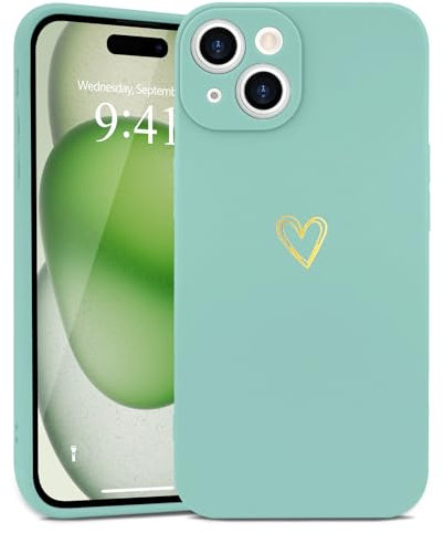Wirvyuer Kompatibel mit iPhone 13 Handyhülle Mädchen Hülle Gold Liebesherz Weich Silikon Case Süßes Gold Love Slim Stoßfest Schutzhülle für iPhone 13 Duftendes Grün