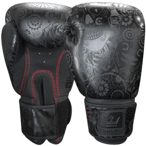 BUDDHA FIGHT WEAR - Guantes de Boxeo Fantasy Mexican Negro - Muay Thai - Kick Boxing - Piel Sintética Tejido Interior Resistente A Olores - Costura Reforzada (Negro y Negro Mate, 12 Onz)