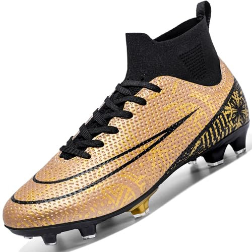 Donbest Mens Football Shoes Spike High Top Football Boots Astro Turf Trainers Soccer Cleats Boy's Professional Athletic Shoes,Gold,EU37