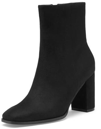 GENSHUO Stövletter med kvadratiskt tåområde för kvinnor, 8 cm hög blockklack, korta stövlar, fashionabla stövlar med dragkedja på sidan, Svart mocka, 39 EU