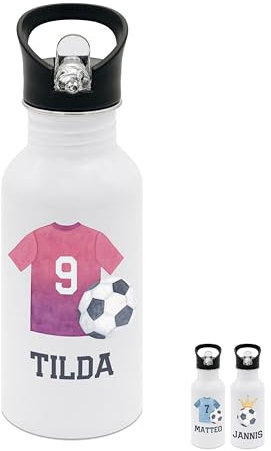 wunderwunsch® - Personalisierte Trinkflasche Kinder Edelstahl [ 500ml ] - Robuste Trinkflasche mit Namen - Wasserflasche mit Trinkhalm - Personalisierte Geschenke für Kinder (Fußballtrikot rosa)