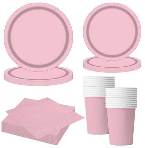 MORAINJAY Ensemble de Vaisselle de Fête Rose Clair 68 Pièces, Assiettes en Papier, Tasses, Serviettes, Vaisselle pour Anniversaire, Mariage, Baby Shower, Diplôme, Anniversaire, Fête de Vacances