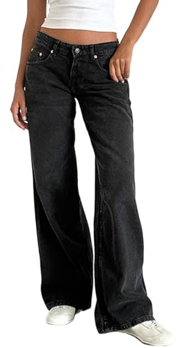 Onsoyours Jean Femme Taille Basse Coupe Droite Straight Jeans Y2K Baggy Jambes Larges Pantalon en Denim Automne Hiver Elastique Jeans A Gris Foncé XXL