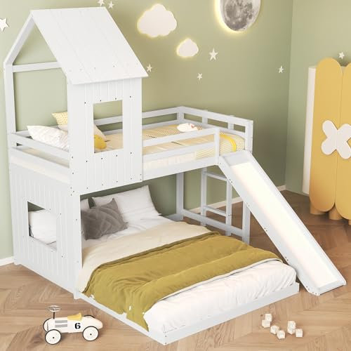 Gegtuon Etagenbett Bett 90x200 & 140x200 cm, Kinderbett Hochbett Hausbett mit Dach & Leiter, Holzbett Bettgestell mit Fenster und Rutsche, Bett mit Lattenrost & Rausfallschutz, ohne Matratze, Weiß