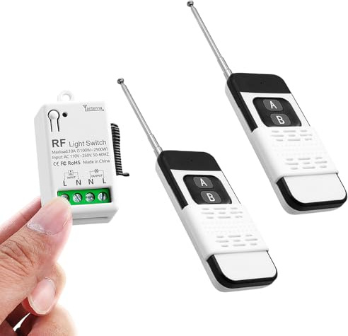 EunnacoTop Kabellose Fernbedienung Lichtschalter, AC110V 240V 220V 10A ßMini RF Relais Empfänger und 2 Sender, 1000m Steuerungsdistanz Fernunterbrecher für Lichter/Glühbirne LED