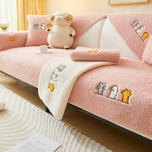 LUOZIQINX PlüSch Sofa überzug 1 2 3 4 Sitzer, Couch überzug Universelle, Waschbar Sofabezug, rutschfest Sofaschoner für Ledersofa Bank L Form Ecksofa,Rosa,90 * 70cm