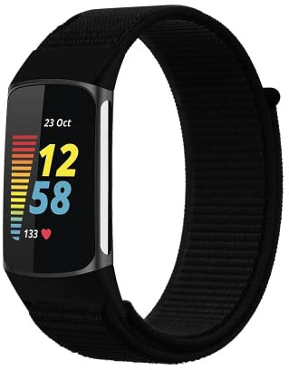 Panda Bobo Sport Loop Nylon Watch Straps Compatible with Fitbit Charge 6/Charge 5, Adjustable Breathable Replacement Soft Nylon Loop Wristband (Black)