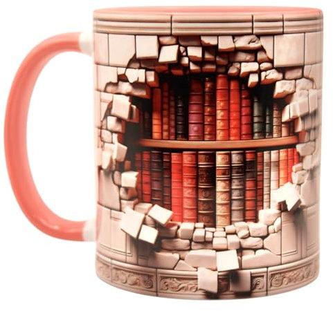 Shopi Zone Keramiktasse mit Bibliotheksdesign in 3D-Effekt, eine einzigartige Tasse, die perfekt ist, um Buchliebhaber und Leseliebhaber zu überraschen (Rosa)