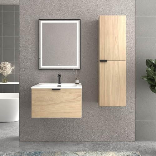 VARO BATH | Mueble de baño suspendido Skin - Acabado Roble Ulloa con Lavabo Porcelana Blanco/Negro (1 Cajón) (Lavabo Blanco, 70cm de Ancho)