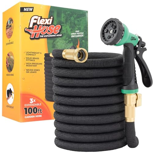 Flexi Hose 100FT Expandable Garden Hose with Solid Brass Fittings, Black
