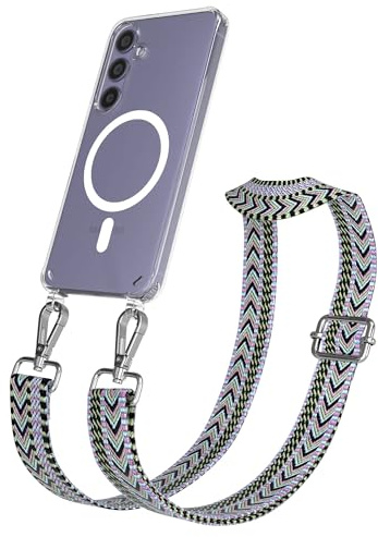 EAZY CASE Handykette - Verstellbares Taschenband kompatibel mit Galaxy S24, Schulterriemen, Handykordel mit Silikon Hülle, Qi Charging kompatibel, Umhängetasche, Lila Grün Silber