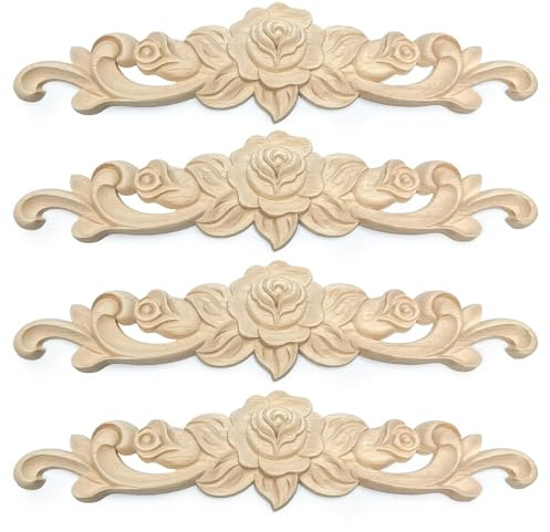 4Pcs Decorative Wood Carved Appliques Onlays, 20 x 5 cm Unpainted Solid Wood Rose Long Carving Decal Rosette Moulding Decals Applique for Furniture Cabinet Bed Wardrobe Closet DIY Decoration