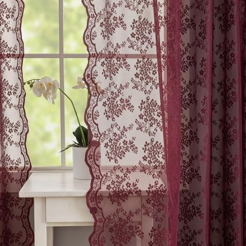 YJ YANJUN Burgundy Net Curtains 54 Drop Pair Shabby Chic Floral Sheer Lace Curtains for Bedroom Kitchen Short Window Scalloped Edges Voile Panel Rod Pocket 52 W x 54 L Inch(132cm x 137cm) Dark Red
