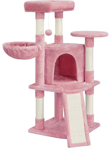 Soberine Tiragraffi per Gatti Alto 106 cm Albero per Gatti Multilivello in Peluche con 2 Trespoli 1 Grotta 1 Cestino 5 Pali in Sisal e 1 Pompon Rosa