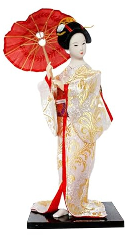 BLWOTMOR 12 Zoll Große Japanische Geisha Damenfigur, Handgefertigte Orientalische Puppe, Traditionelle Ethnische Japanische Geisha Puppe, Kimono Puppe für, Weiß und Gold