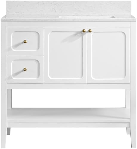 Miseno MV-N242-V36 Ravello 36 Single Basin Vanity Set with 3/4 Marble Stone Composite Top, Rectangular Sink, USB Port, and Electrical Outlet - Bright White