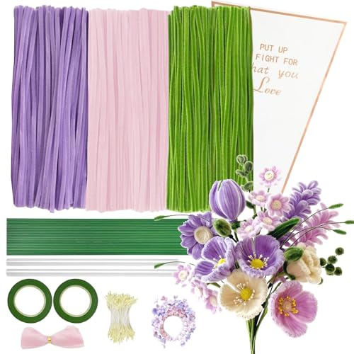 Litrue Pfeifenreiniger Blumen Set, 300 Stück Pfeifenputzer zum Basteln mit Bastelfaden, Geschenkband, Blumen Staubblatt, Klebestifte, Geschenkpapier für DIY Rosa Tulip Lilien Blumenstrauß (Rosa)